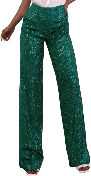 ODIZLI Womens Wide Leg Sparkle Sequin Pants Elastic High Waisted Bling Glitter Dance Pants