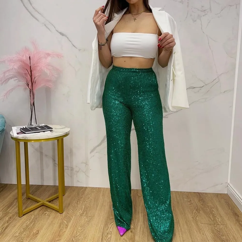 ODIZLI Womens Wide Leg Sparkle Sequin Pants Elastic High Waisted Bling Glitter Dance Pants