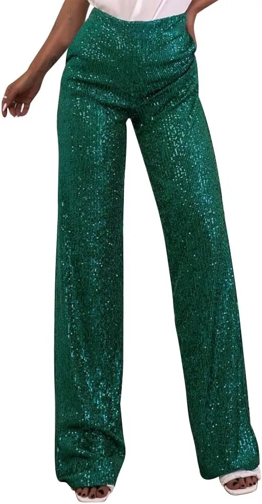 ODIZLI Womens Wide Leg Sparkle Sequin Pants Elastic High Waisted Bling Glitter Dance Pants