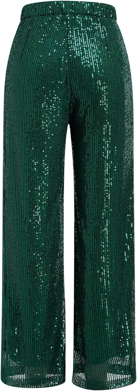 ODIZLI Womens Wide Leg Sparkle Sequin Pants Elastic High Waisted Bling Glitter Dance Pants