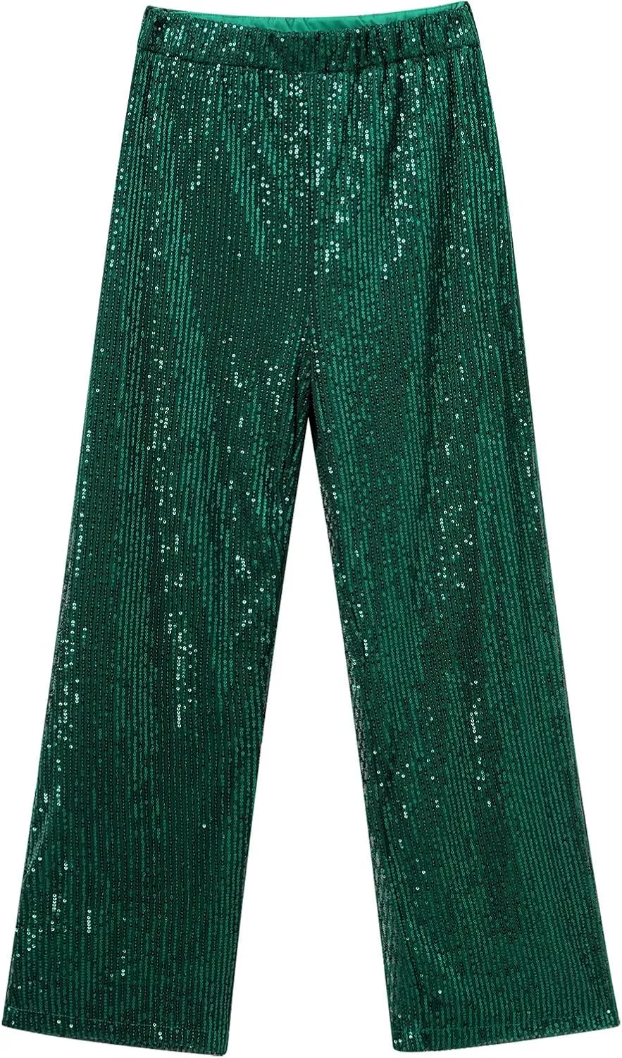 ODIZLI Womens Wide Leg Sparkle Sequin Pants Elastic High Waisted Bling Glitter Dance Pants