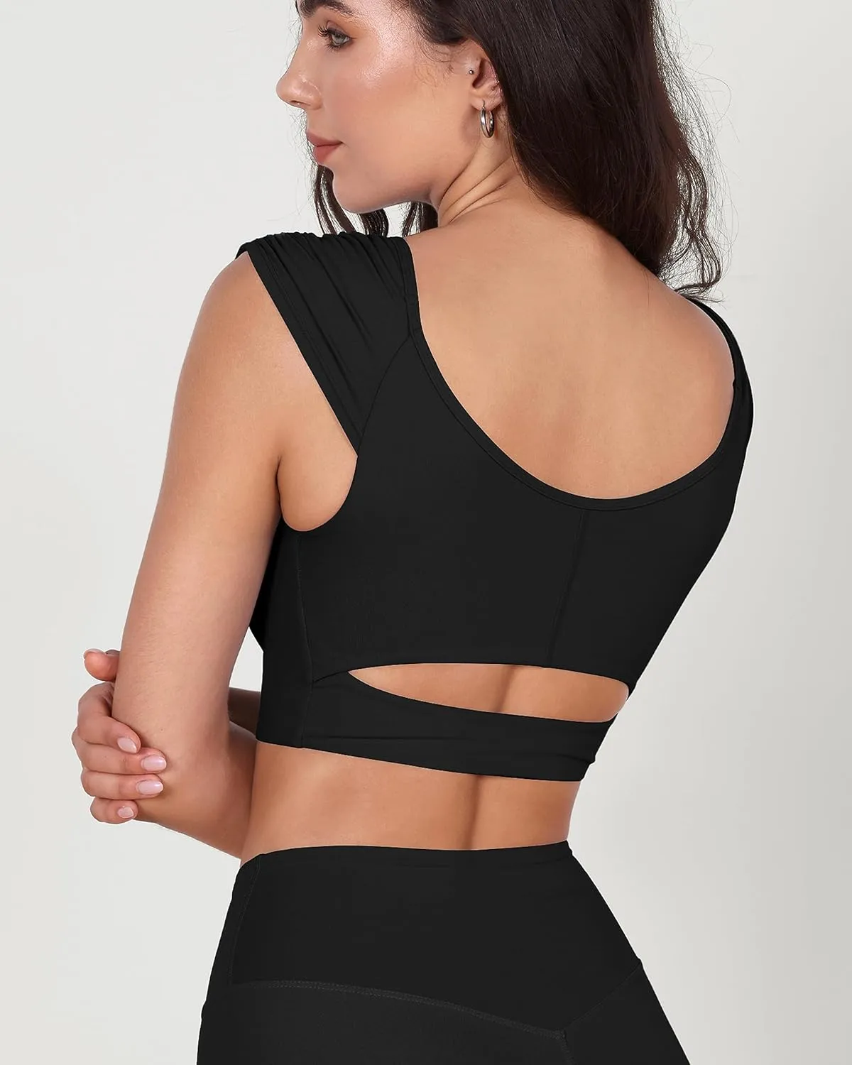 ODODOS Ruched Front Crop Tank for Women V-Neck Cut Out Back Cap Sleeve Cropped Tops