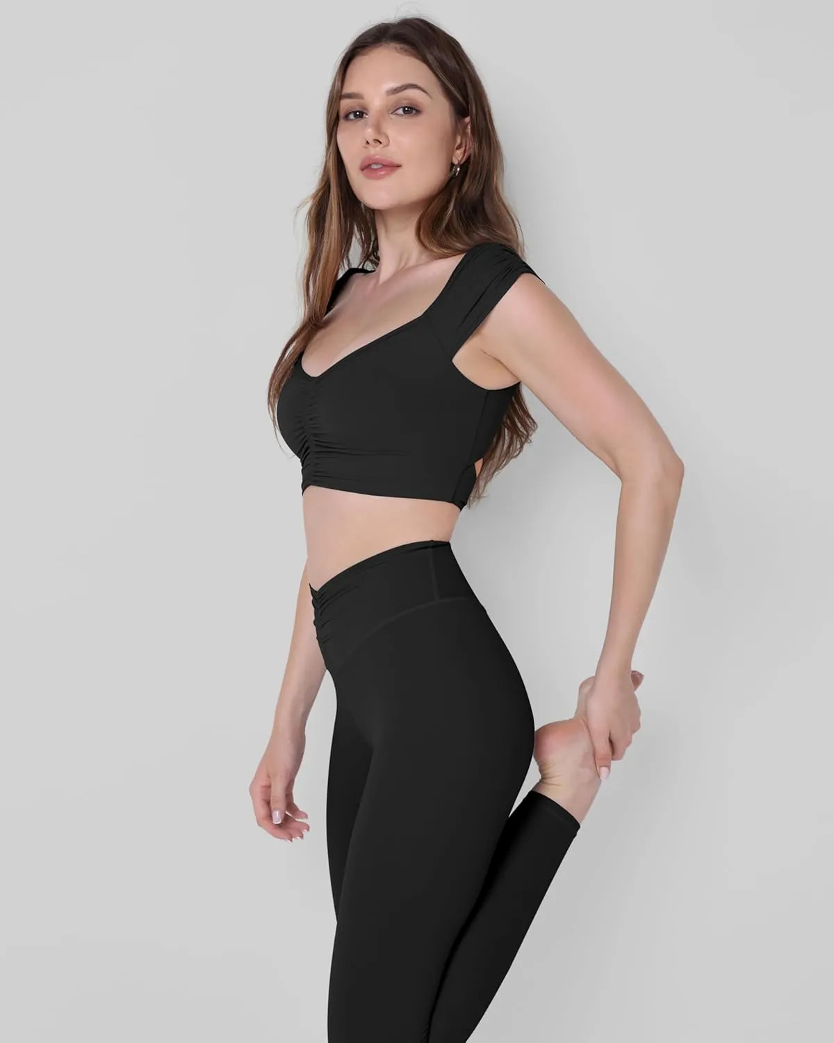 ODODOS Ruched Front Crop Tank for Women V-Neck Cut Out Back Cap Sleeve Cropped Tops