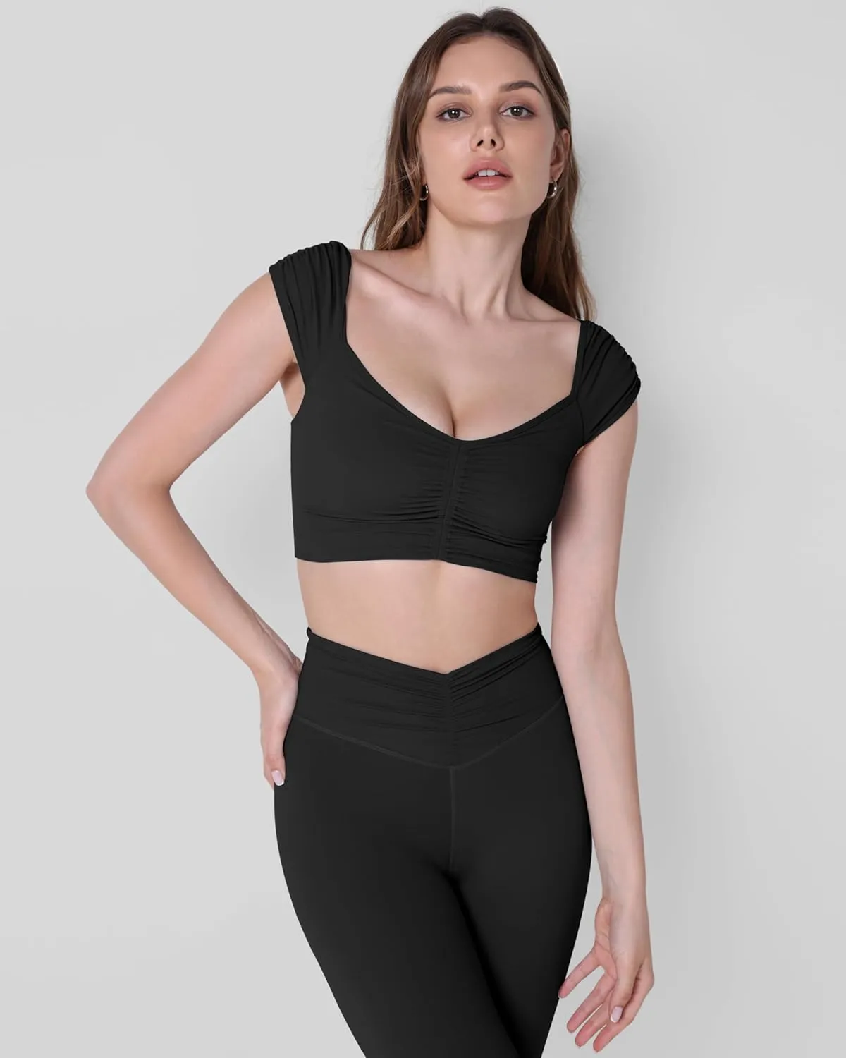 ODODOS Ruched Front Crop Tank for Women V-Neck Cut Out Back Cap Sleeve Cropped Tops