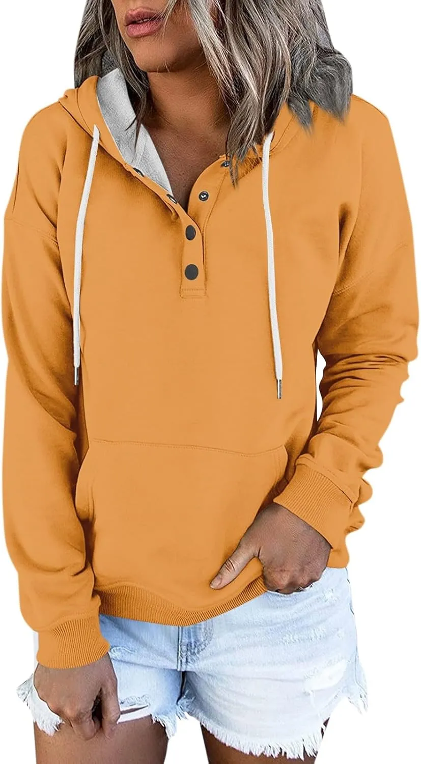 Oversized Hoodies for Women Button Down Drop Shoulder Drawstring Sweatshirt Ribbed Long Sleeve Tops with Pockets