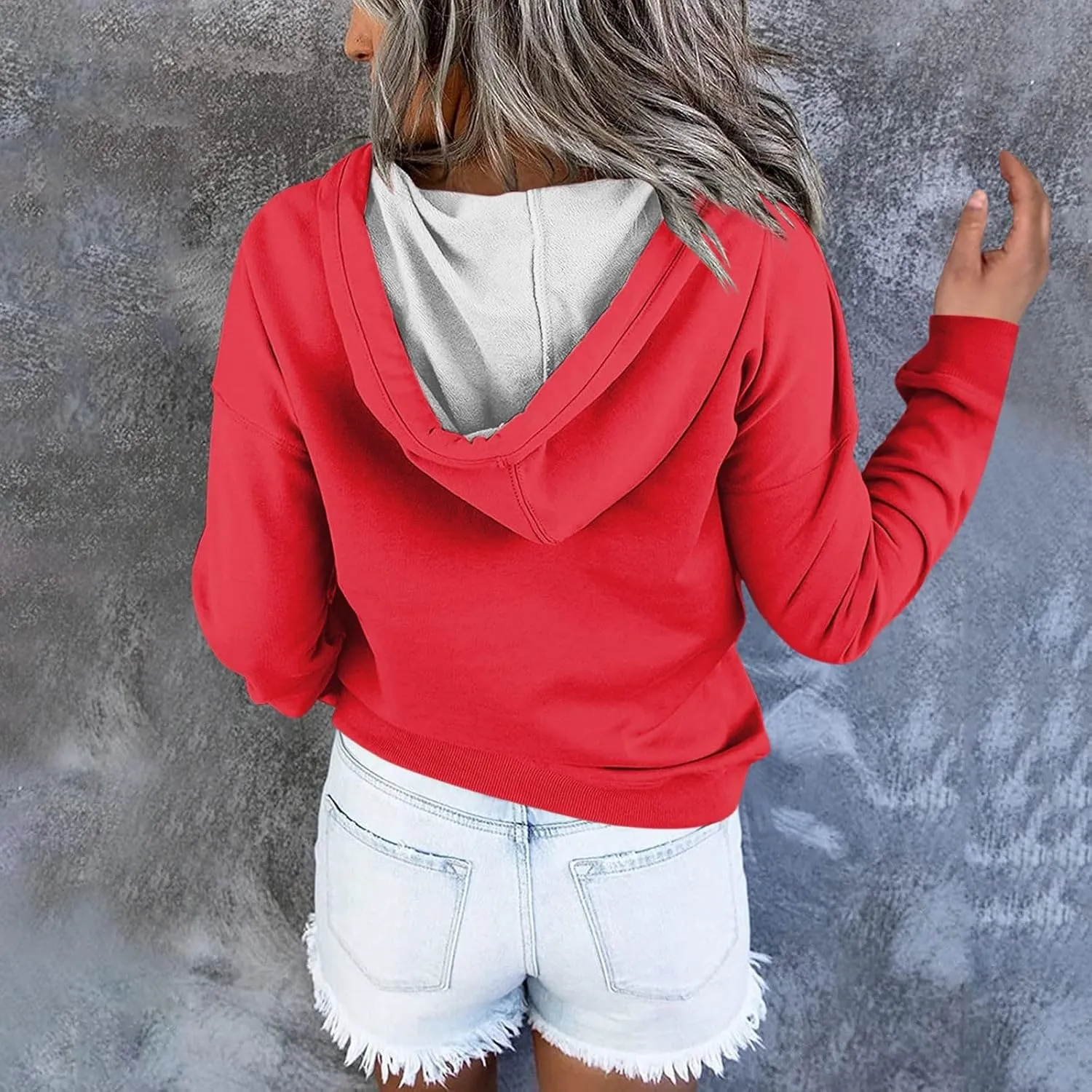 Oversized Hoodies for Women Button Down Drop Shoulder Drawstring Sweatshirt Ribbed Long Sleeve Tops with Pockets