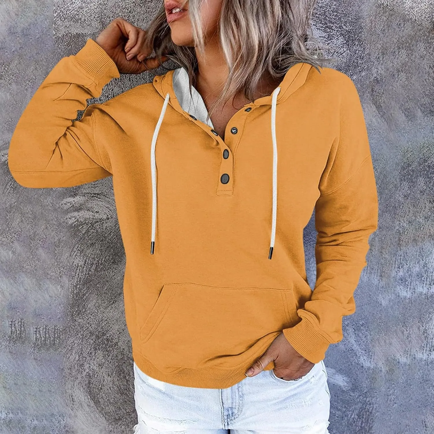 Oversized Hoodies for Women Button Down Drop Shoulder Drawstring Sweatshirt Ribbed Long Sleeve Tops with Pockets