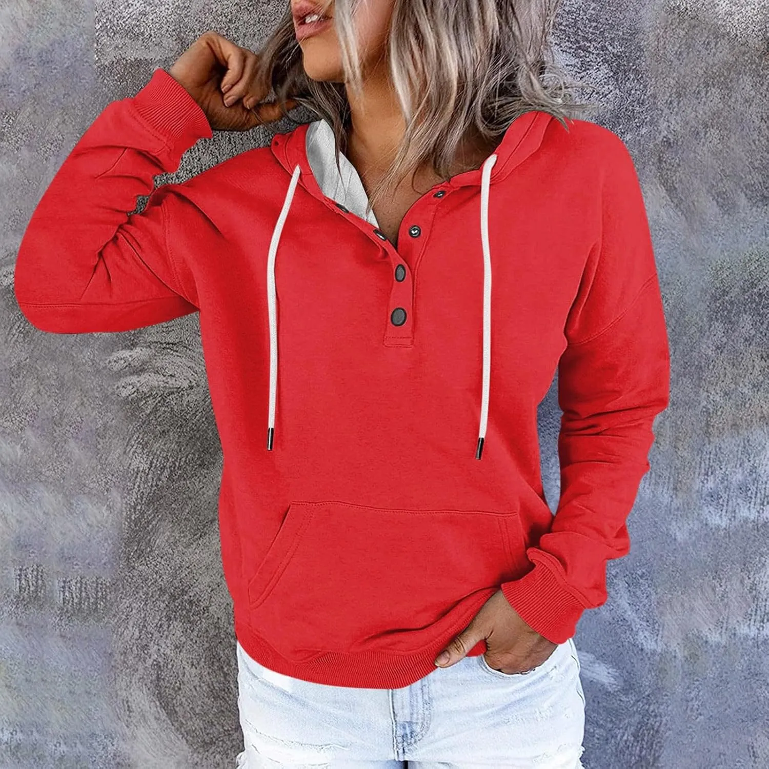 Oversized Hoodies for Women Button Down Drop Shoulder Drawstring Sweatshirt Ribbed Long Sleeve Tops with Pockets