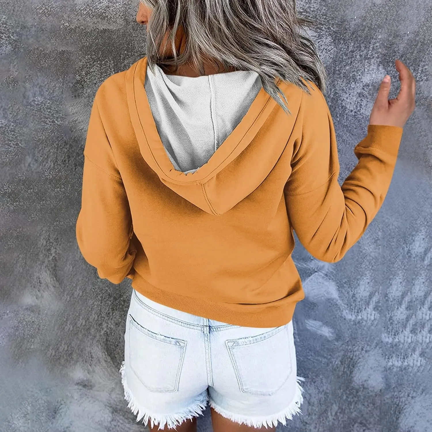 Oversized Hoodies for Women Button Down Drop Shoulder Drawstring Sweatshirt Ribbed Long Sleeve Tops with Pockets