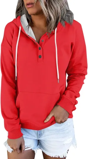 Oversized Hoodies for Women Button Down Drop Shoulder Drawstring Sweatshirt Ribbed Long Sleeve Tops with Pockets
