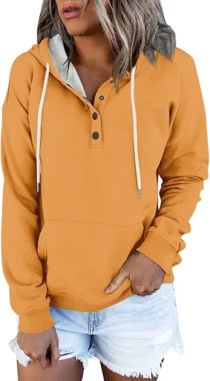 Oversized Hoodies for Women Button Down Drop Shoulder Drawstring Sweatshirt Ribbed Long Sleeve Tops with Pockets