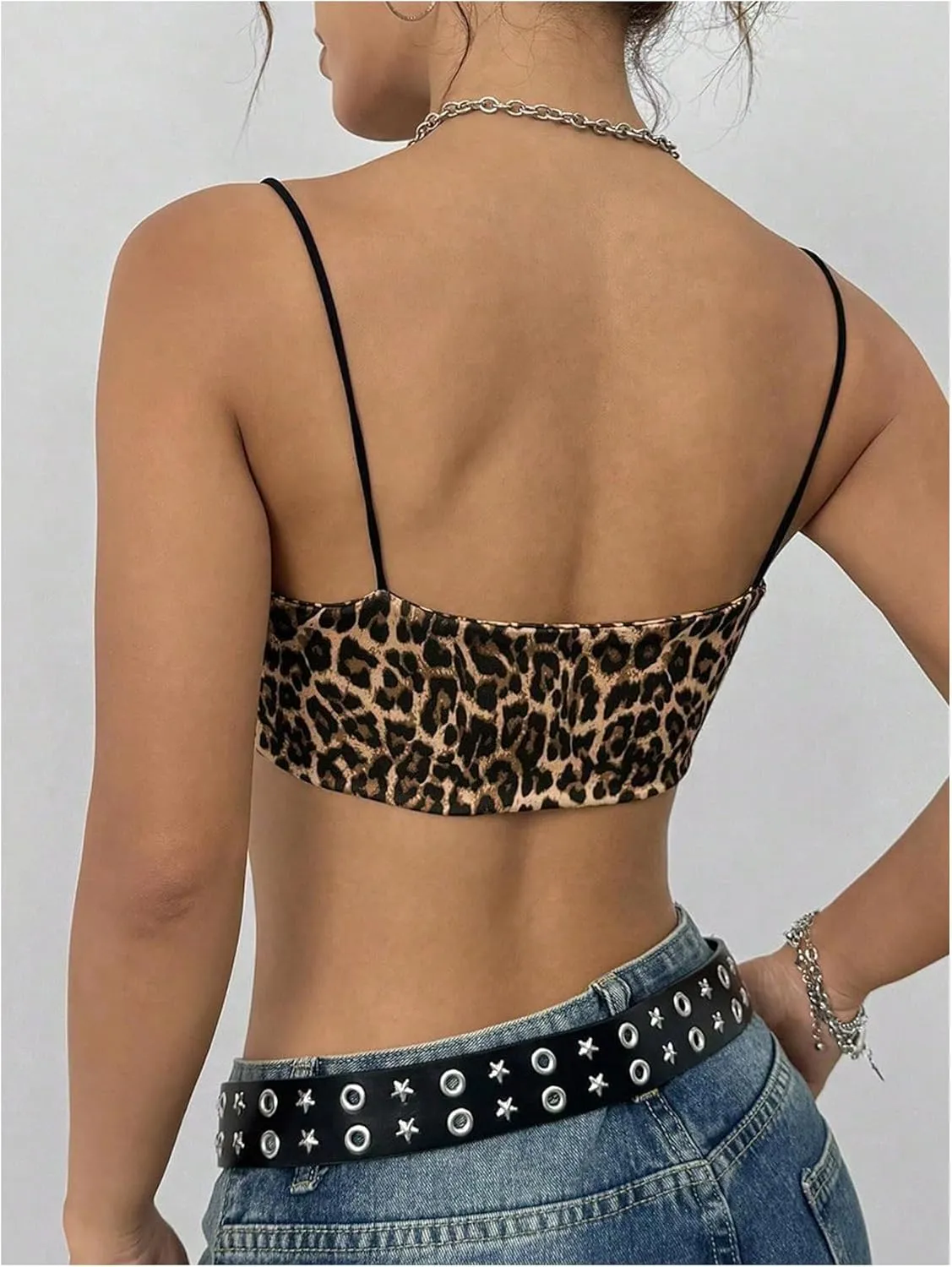 OYOANGLE Women's Leopard Print Spaghetti Strap Micro Crop Cami Tops Y2K Sleeveless Scoop Neck Camisole Streetwear