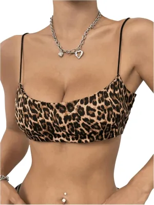 OYOANGLE Women's Leopard Print Spaghetti Strap Micro Crop Cami Tops Y2K Sleeveless Scoop Neck Camisole Streetwear