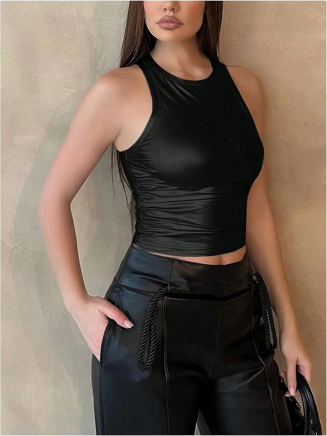 OYOANGLE Women's Metallic Ruched Round Neck Sleeveless Tank Top Y2K Slim Fitted Sports Casual Crop Tops