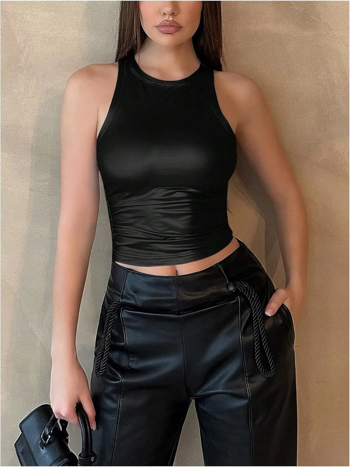 OYOANGLE Women's Metallic Ruched Round Neck Sleeveless Tank Top Y2K Slim Fitted Sports Casual Crop Tops