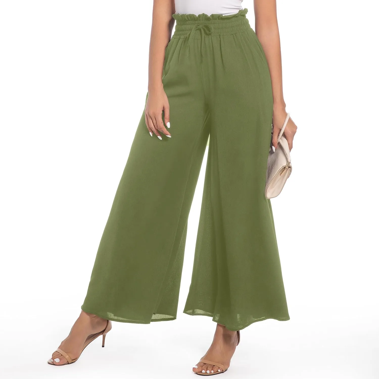 Pants for Women Casual Elastic High Waist Flowy Wide Leg Pants with Pockets