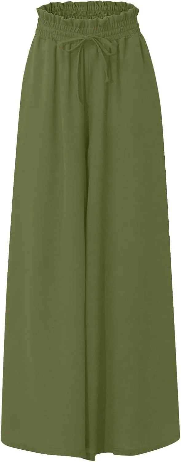 Pants for Women Casual Elastic High Waist Flowy Wide Leg Pants with Pockets