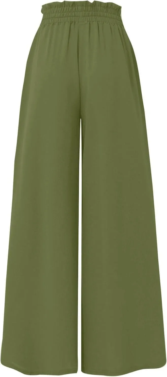 Pants for Women Casual Elastic High Waist Flowy Wide Leg Pants with Pockets