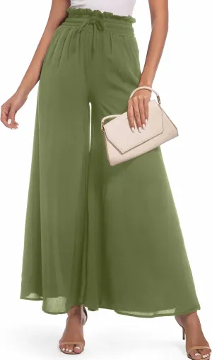 Pants for Women Casual Elastic High Waist Flowy Wide Leg Pants with Pockets