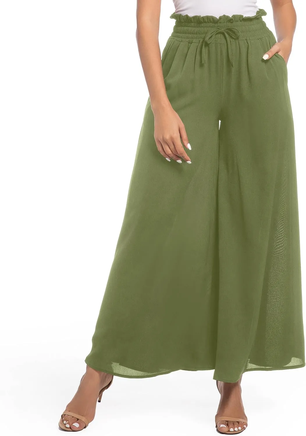 Pants for Women Casual Elastic High Waist Flowy Wide Leg Pants with Pockets