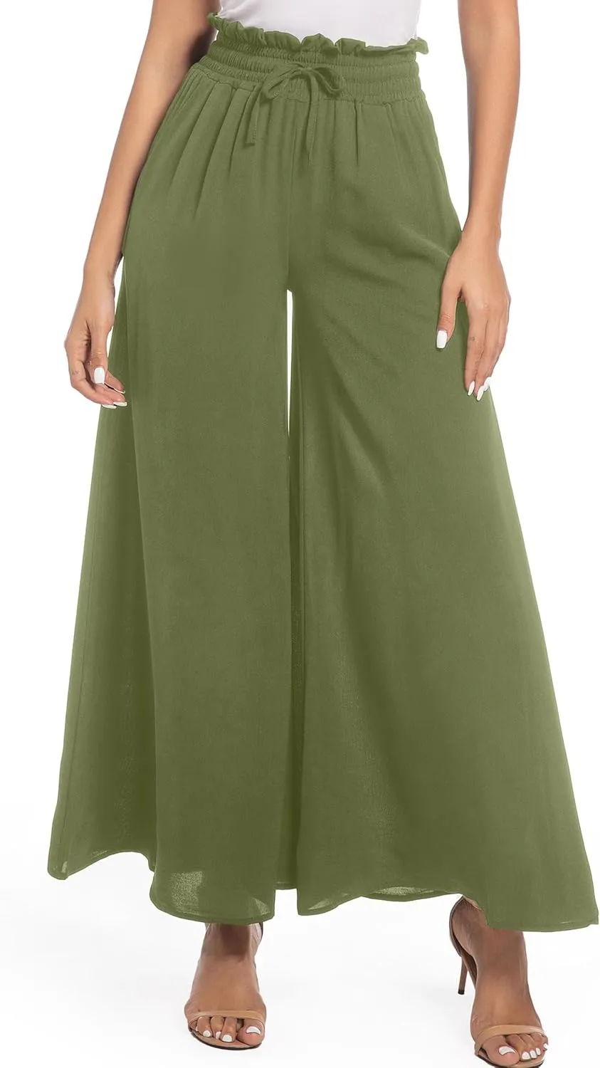 Pants for Women Casual Elastic High Waist Flowy Wide Leg Pants with Pockets