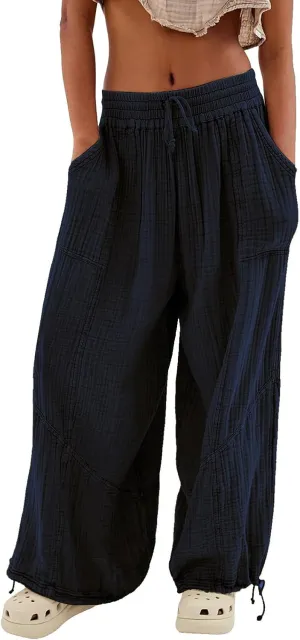 Pants for Women Elastic Waist Straight Leg Baggy Beach Trousers Casual High Waist Drawstring Sweatpants with Pockets