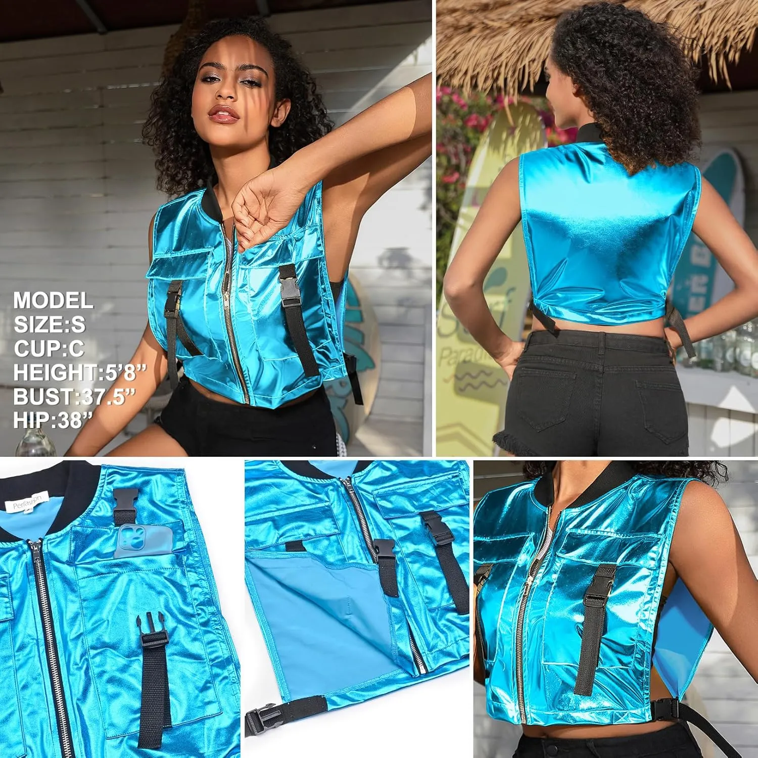 Perfashion Cropped Vest For Women Buckle Zip Up Metallic Cargo Cyberpunk Jacket With Pockets Streetwear Rave Outfit