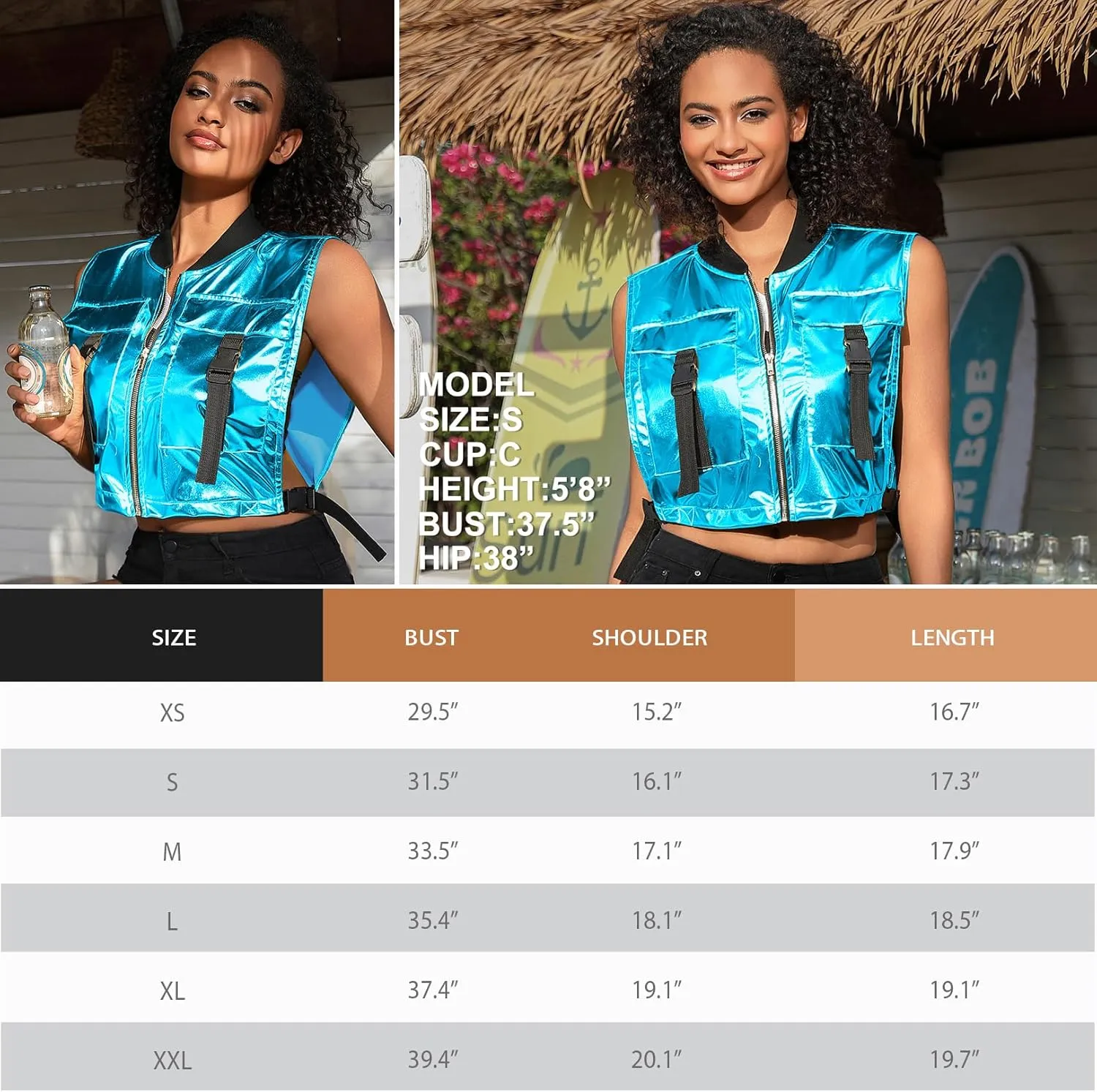 Perfashion Cropped Vest For Women Buckle Zip Up Metallic Cargo Cyberpunk Jacket With Pockets Streetwear Rave Outfit