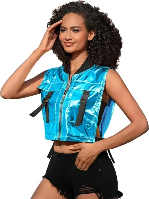 Perfashion Cropped Vest For Women Buckle Zip Up Metallic Cargo Cyberpunk Jacket With Pockets Streetwear Rave Outfit
