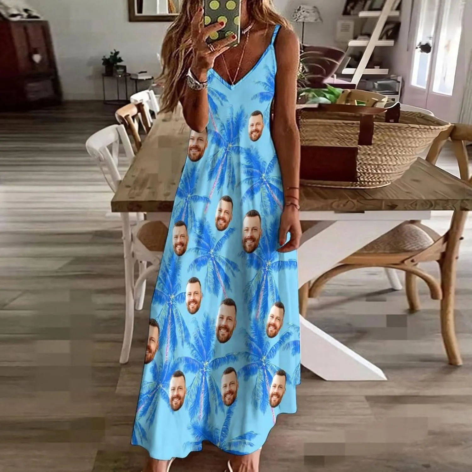 Personalized Women Summer Dresses Custom Faces Funny Sundress Hawaiian Dress Casual Beach Swing Dress with Pockets
