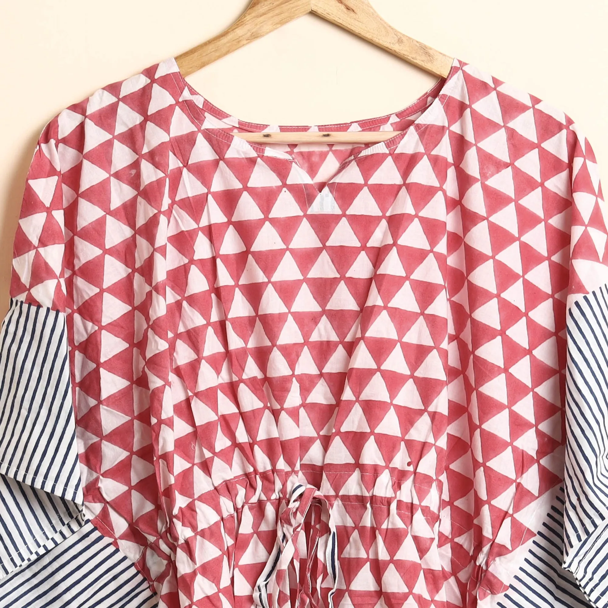 Pink - Hand Block Printed Cotton Kaftan & Pyjama Night Suit Set