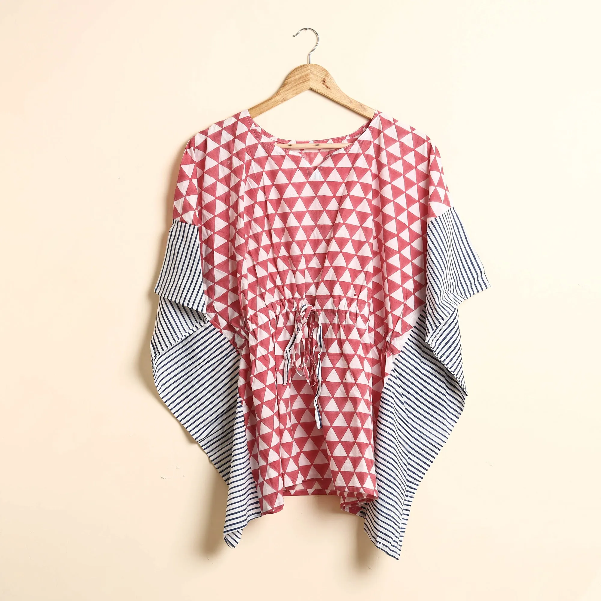 Pink - Hand Block Printed Cotton Kaftan & Pyjama Night Suit Set