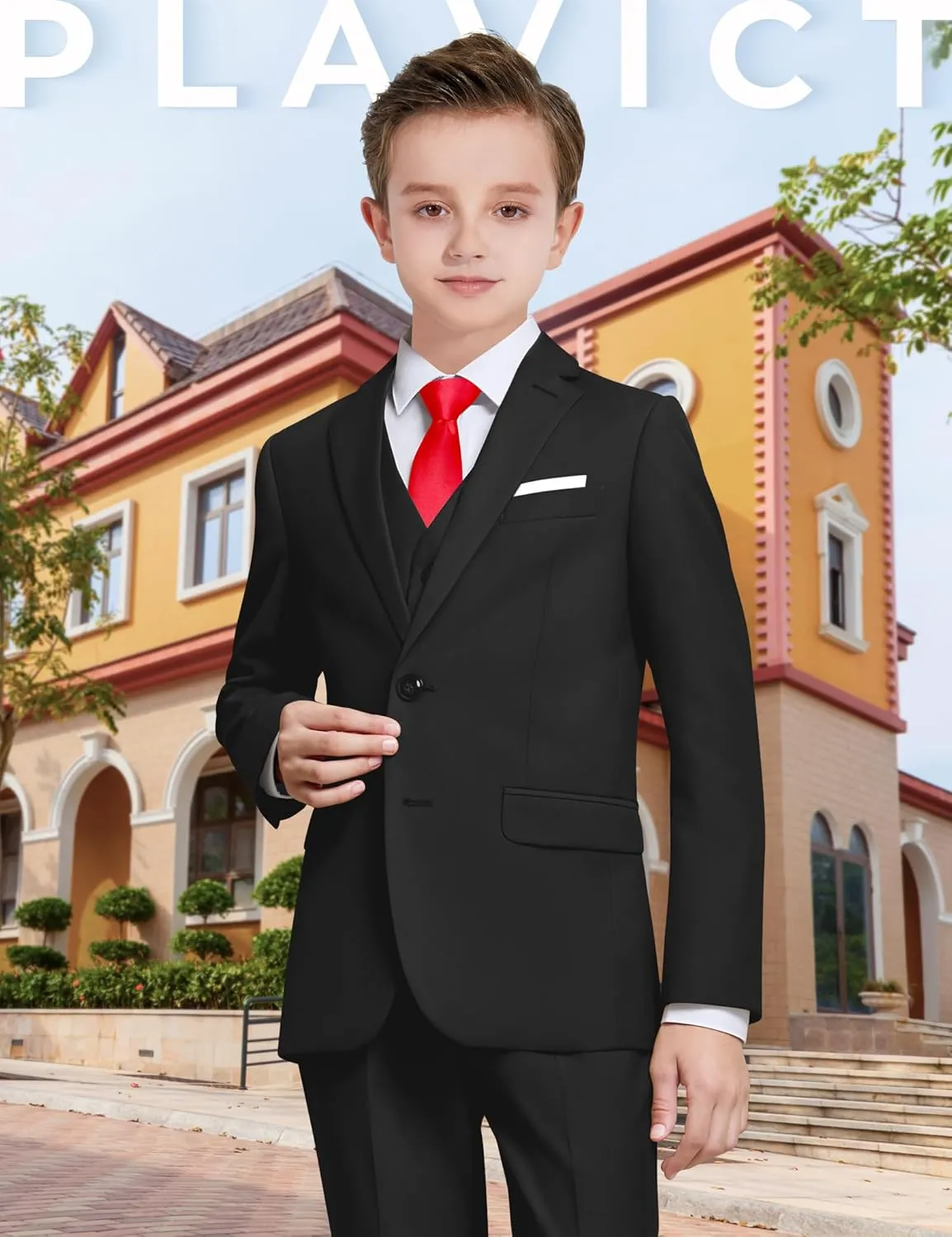 Plavict Boys Formal Suit Slim Fit for Boys Wedding Ring Bearer Outfit with Adjustable Waist