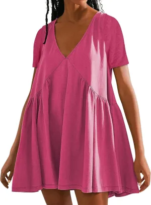Plus Size Dress for Women Summer Loose V Neck Short Sleeve Mini Dresses Cute Lightweight Ruffle Hem Beach Sundress