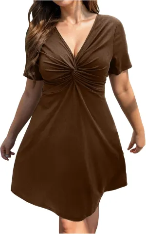 Plus Size Summer Dresses for Curvy Women Front Twist Knotted V Neck Ruched Midi Dress Evening Dress Gowns