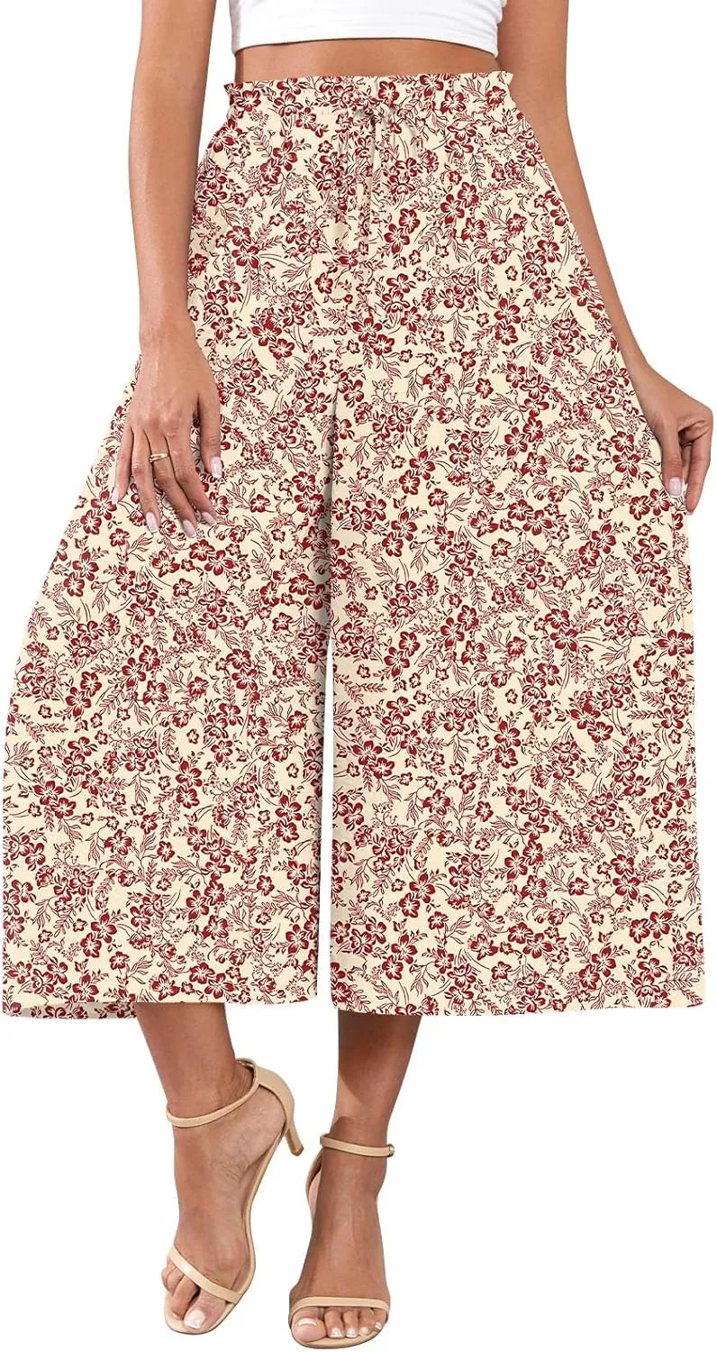 POPYOUNG Womens Capri Pants Wide Leg High Waisted Palazzo Lounge Pants Drawstring Casual Trousers with Pockets