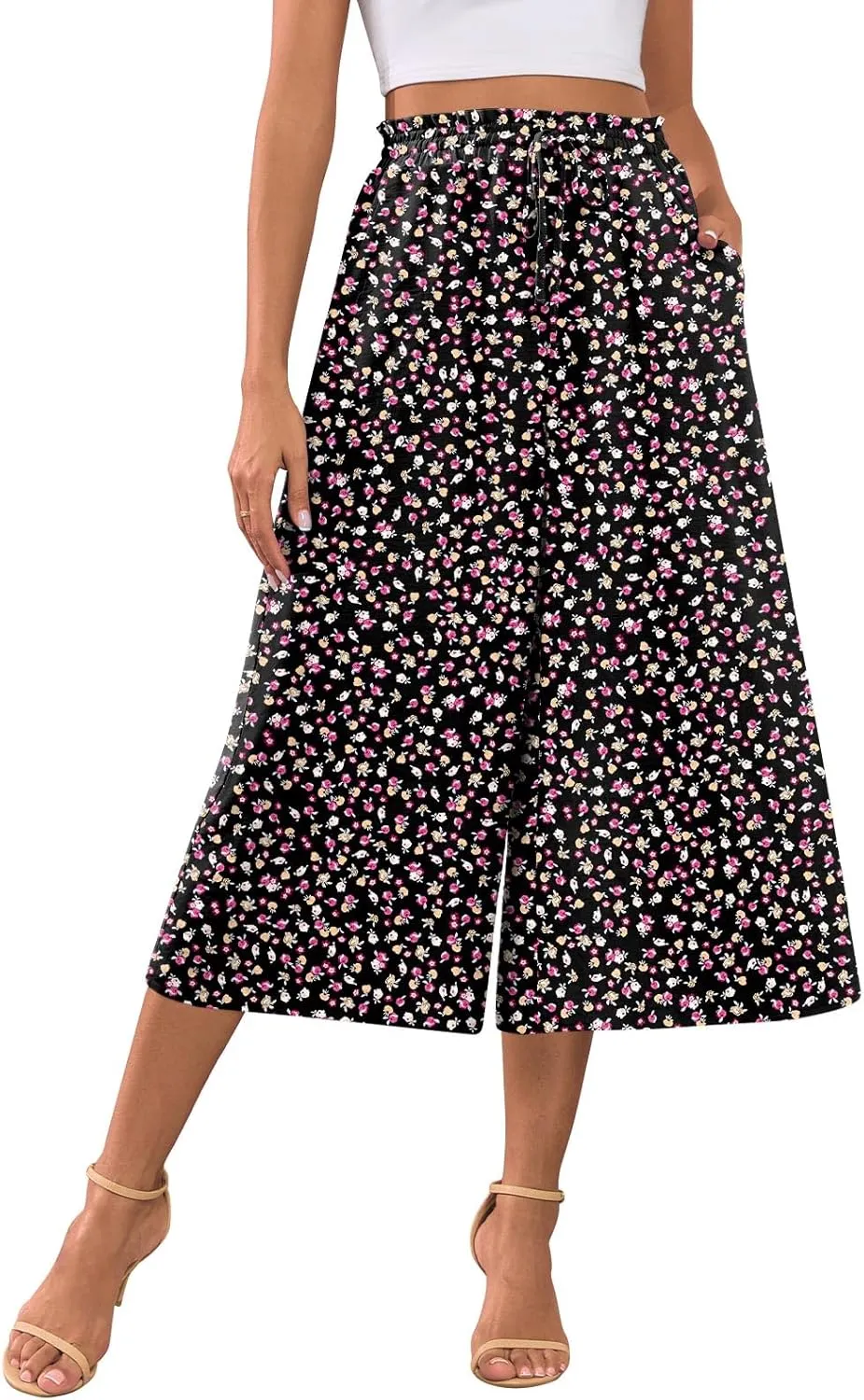 POPYOUNG Womens Capri Pants Wide Leg High Waisted Palazzo Lounge Pants Drawstring Casual Trousers with Pockets