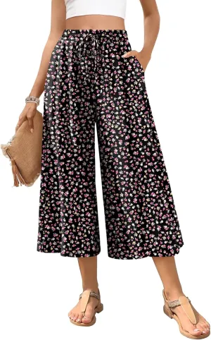 POPYOUNG Womens Capri Pants Wide Leg High Waisted Palazzo Lounge Pants Drawstring Casual Trousers with Pockets
