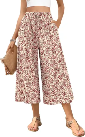 POPYOUNG Womens Capri Pants Wide Leg High Waisted Palazzo Lounge Pants Drawstring Casual Trousers with Pockets