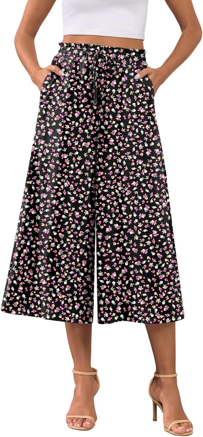 POPYOUNG Womens Capri Pants Wide Leg High Waisted Palazzo Lounge Pants Drawstring Casual Trousers with Pockets