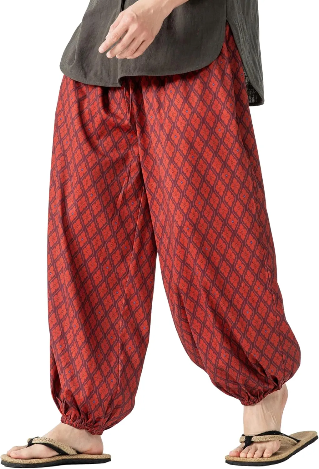 PRIJOUHE Men's Casual Harem Pants Elastic Waist Yoga Pants Lightweight Wide Leg Printed Summer Beach Trouser
