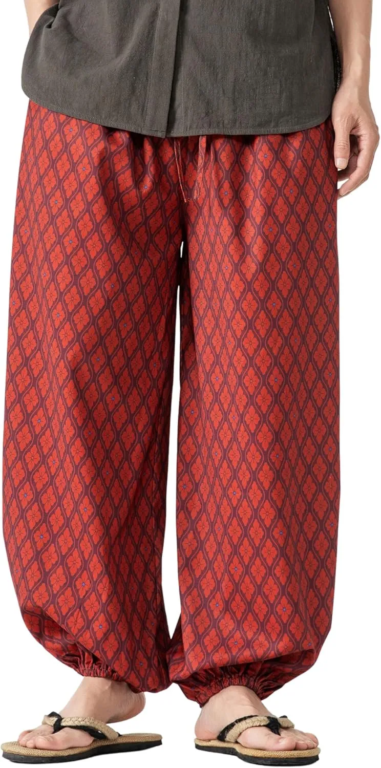 PRIJOUHE Men's Casual Harem Pants Elastic Waist Yoga Pants Lightweight Wide Leg Printed Summer Beach Trouser