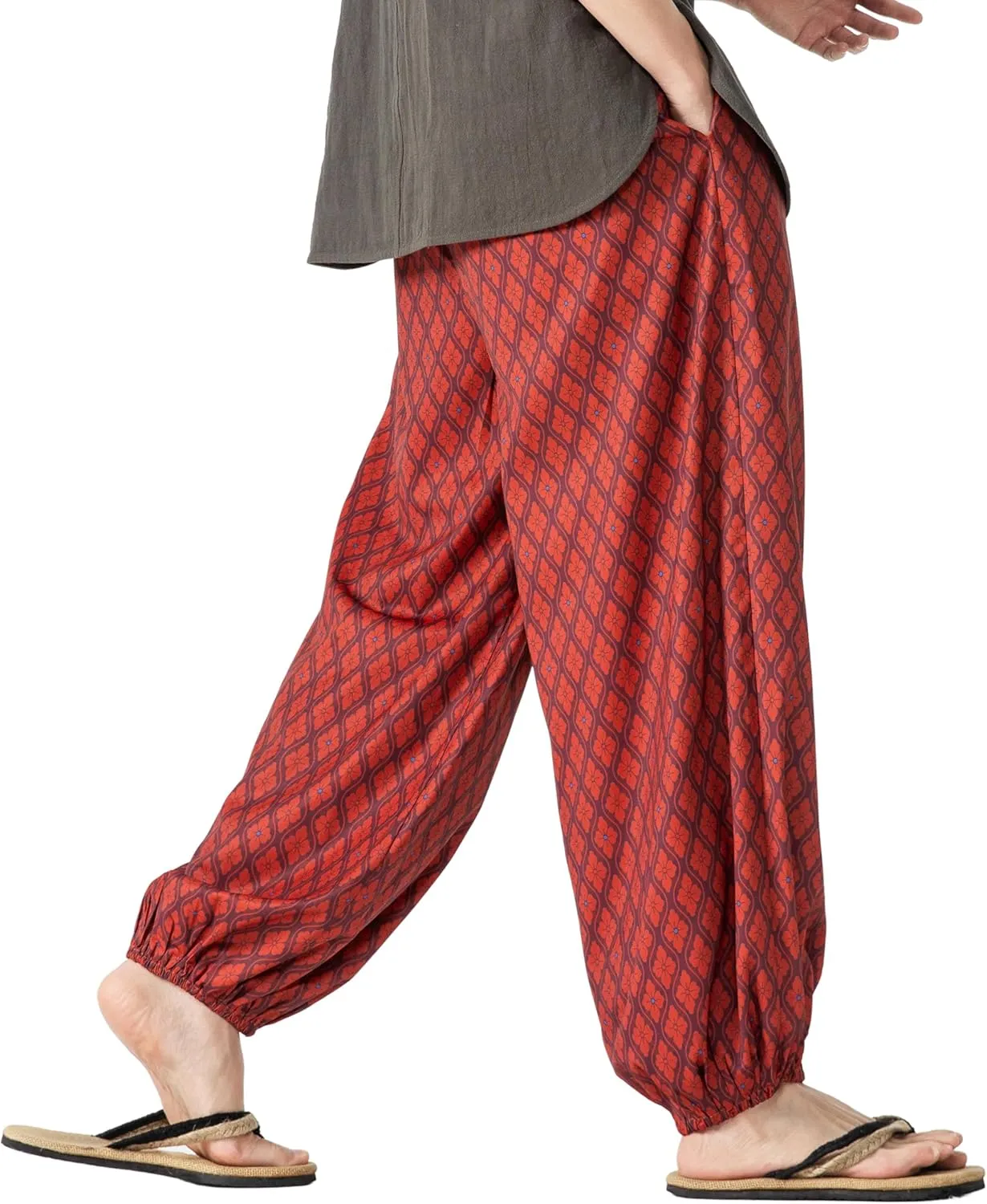 PRIJOUHE Men's Casual Harem Pants Elastic Waist Yoga Pants Lightweight Wide Leg Printed Summer Beach Trouser