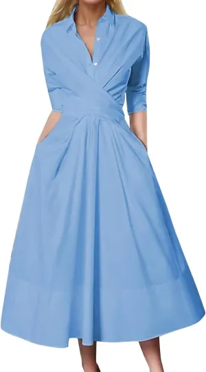 PTOLOCIF Women Solid Color Long Sleeve Belted Pleated Pocket Work Cocktail Party Dress Woman Body Dress Resort Wear