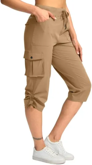 Pudolla Women's Cargo Capri Pants Lightweight Quick Dry Hiking Pants Summer Travel Casual Capris with 5 Pockets