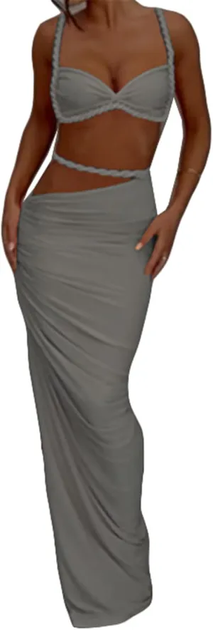 Qikaka Women's 2 PCS Rope Ruffles Tank Tops Bodycon Skirts Sexy Nightclub Party Dress Outfits Set