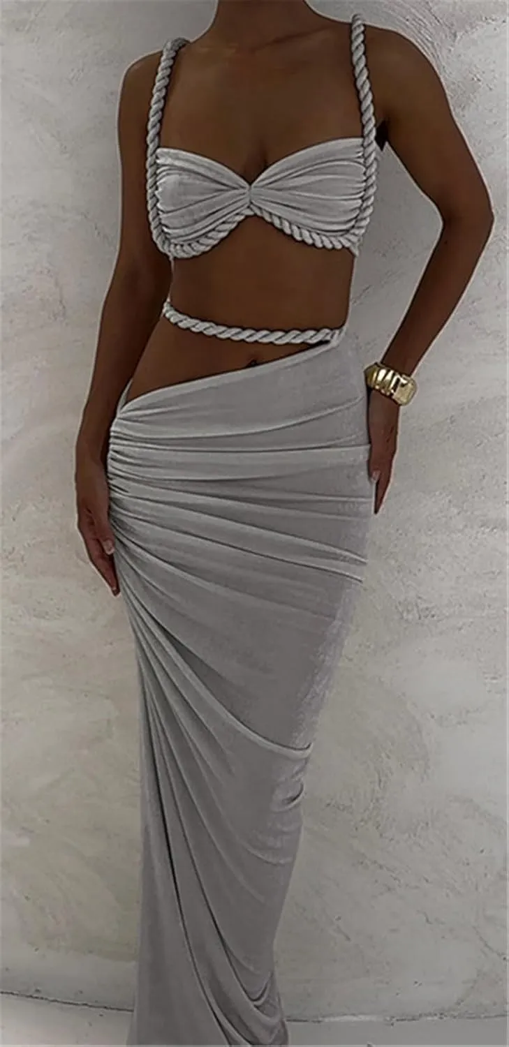 Qikaka Women's 2 PCS Rope Ruffles Tank Tops Bodycon Skirts Sexy Nightclub Party Dress Outfits Set