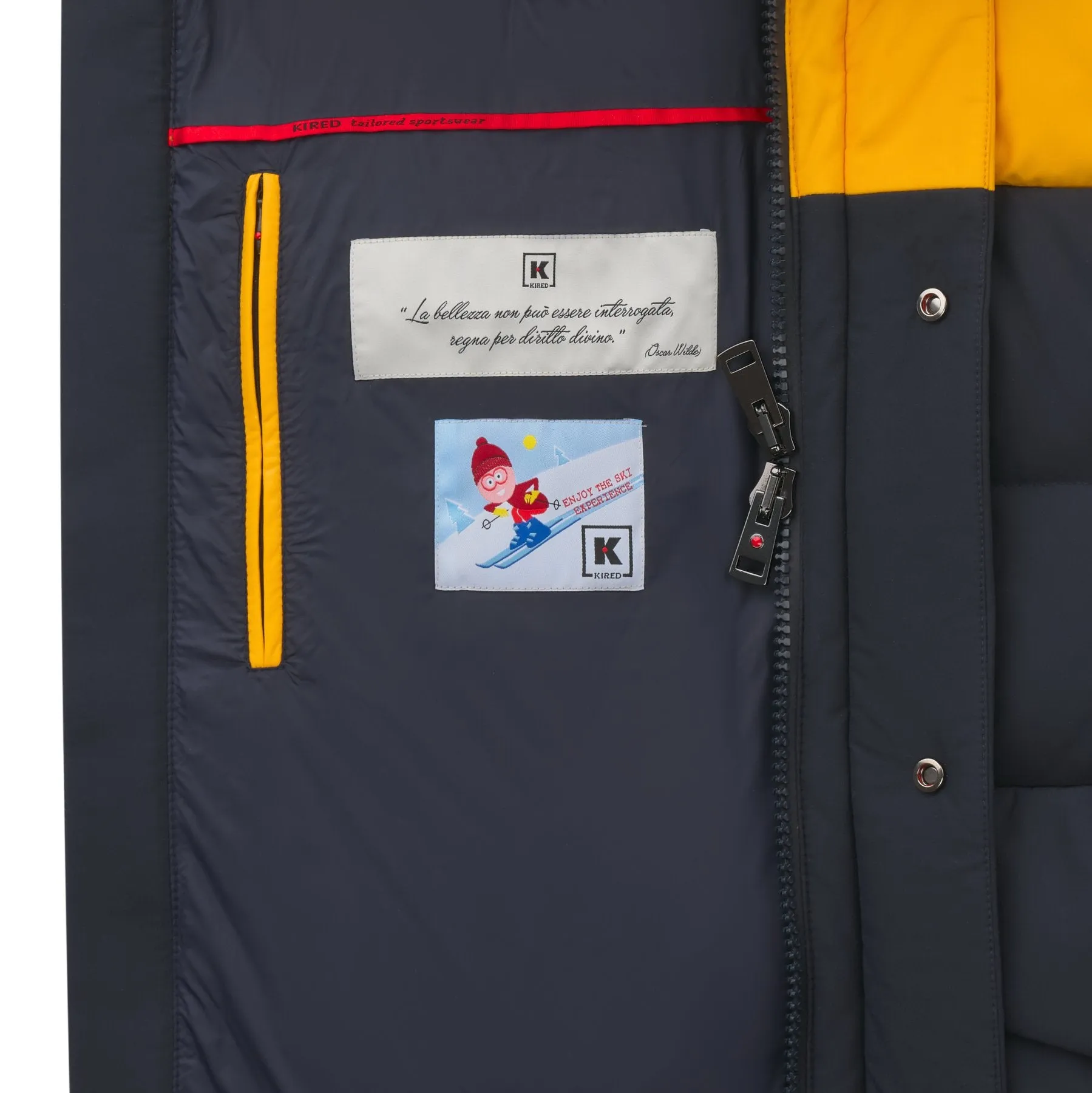 Quilted Shell Hooded Down Jacket in Yellow and Dark Blue