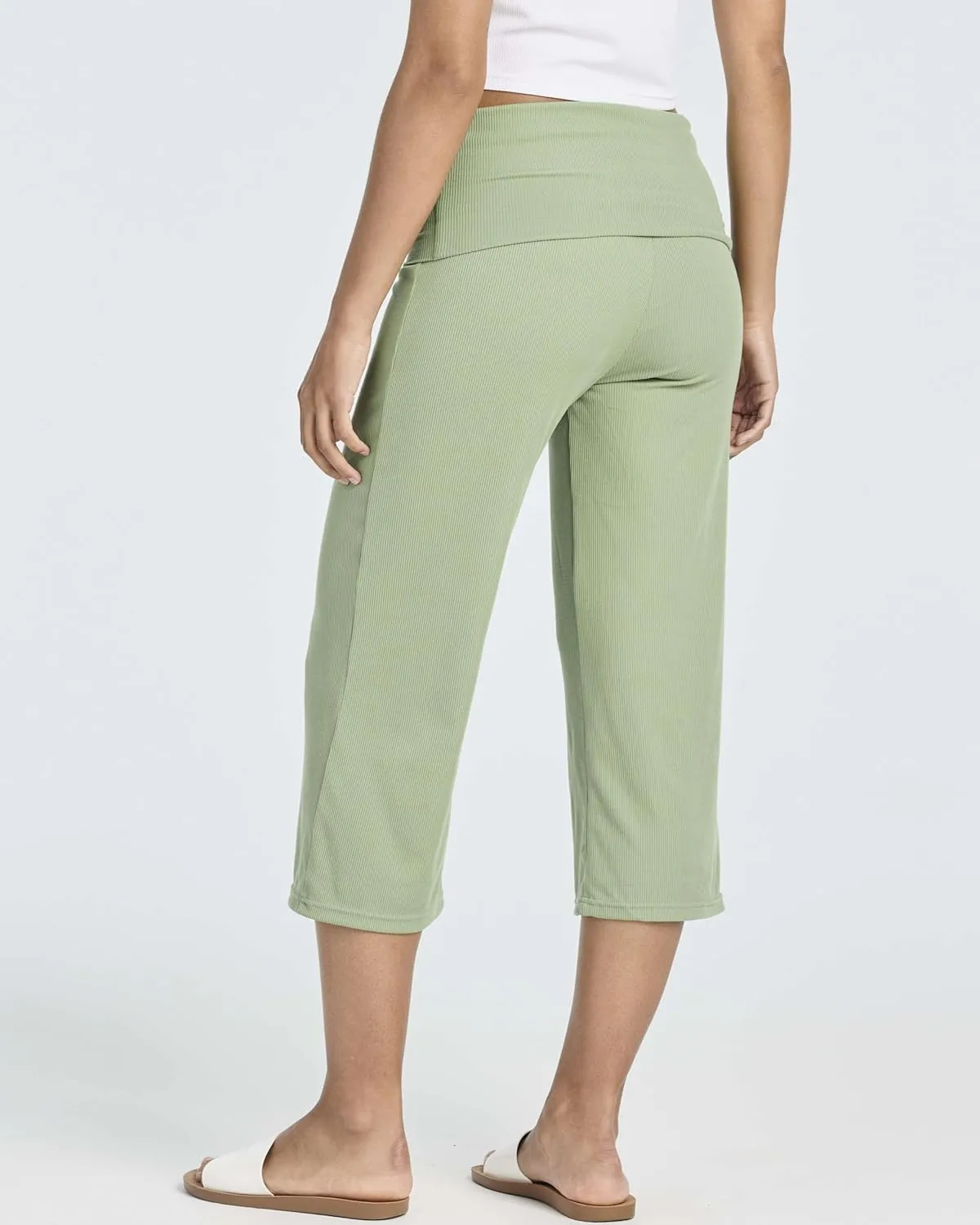 Real Essentials 3 Pack: Women's Ribbed Foldover Wide Leg Loose Capri Open Bottom Yoga Lounge Pants (Available in Plus)