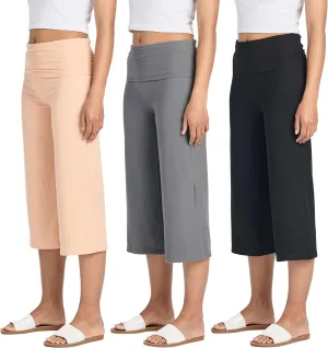 Real Essentials 3 Pack: Women's Ribbed Foldover Wide Leg Loose Capri Open Bottom Yoga Lounge Pants (Available in Plus)